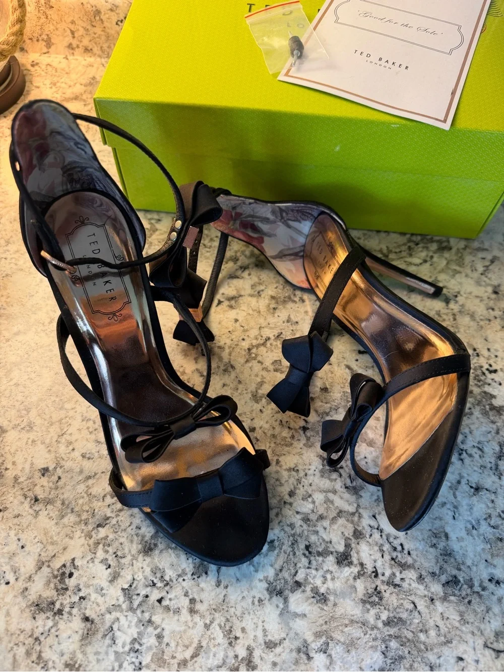 Ted Baker London Black Satin Bow Ankle-Strap Stiletto Sandals Heels Sexy Classy